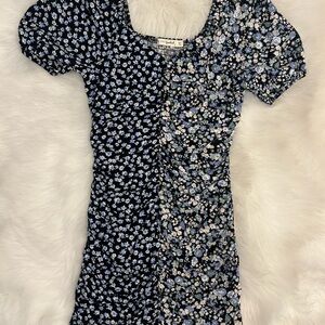 Live To Be Spoiled Rayon Short Puff Sleeve Black & Blue Floral Rouched Dress